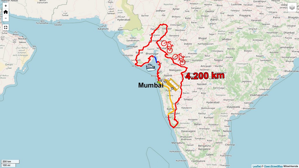 Route Fahrradreise Indien 2024-25