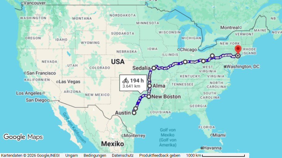 Route USA Fahrradreise von Texas nach NYC